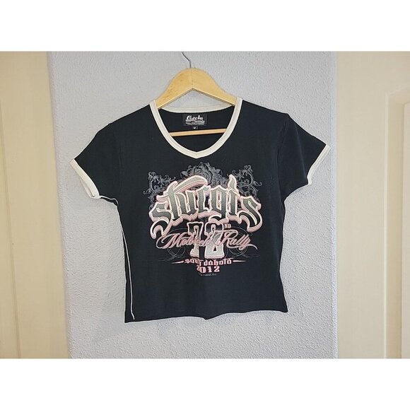 Women's Sturgis 2012 Motorcycle Rally Baby Tee Size Medium Cycle Threads Crop - Picture 1 of 6